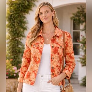 Coldwater Creek Linen Jacket M Orange Floral Button Front Lightweight Blazer
